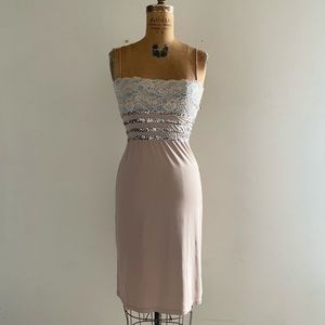 [une] Tan Blue Flower Lace Silver Sequins jersey Slip Dress